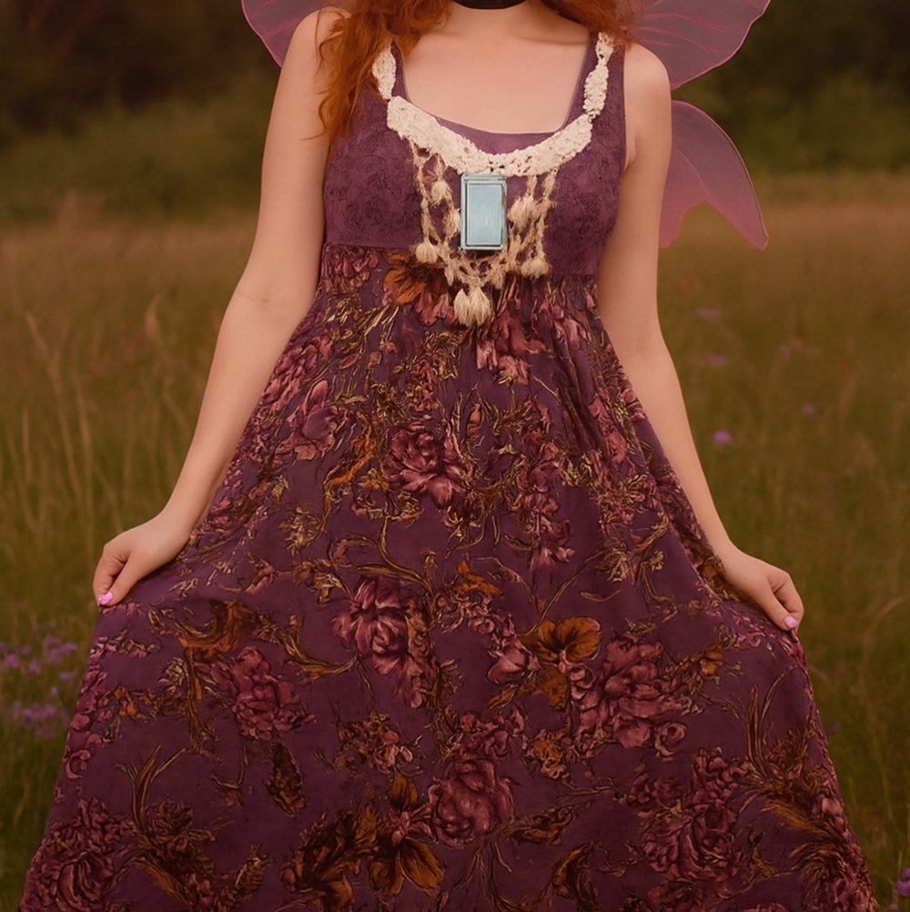 T Bleu 7 Roses Elegant Floral Midi Dress in Purple and Cream